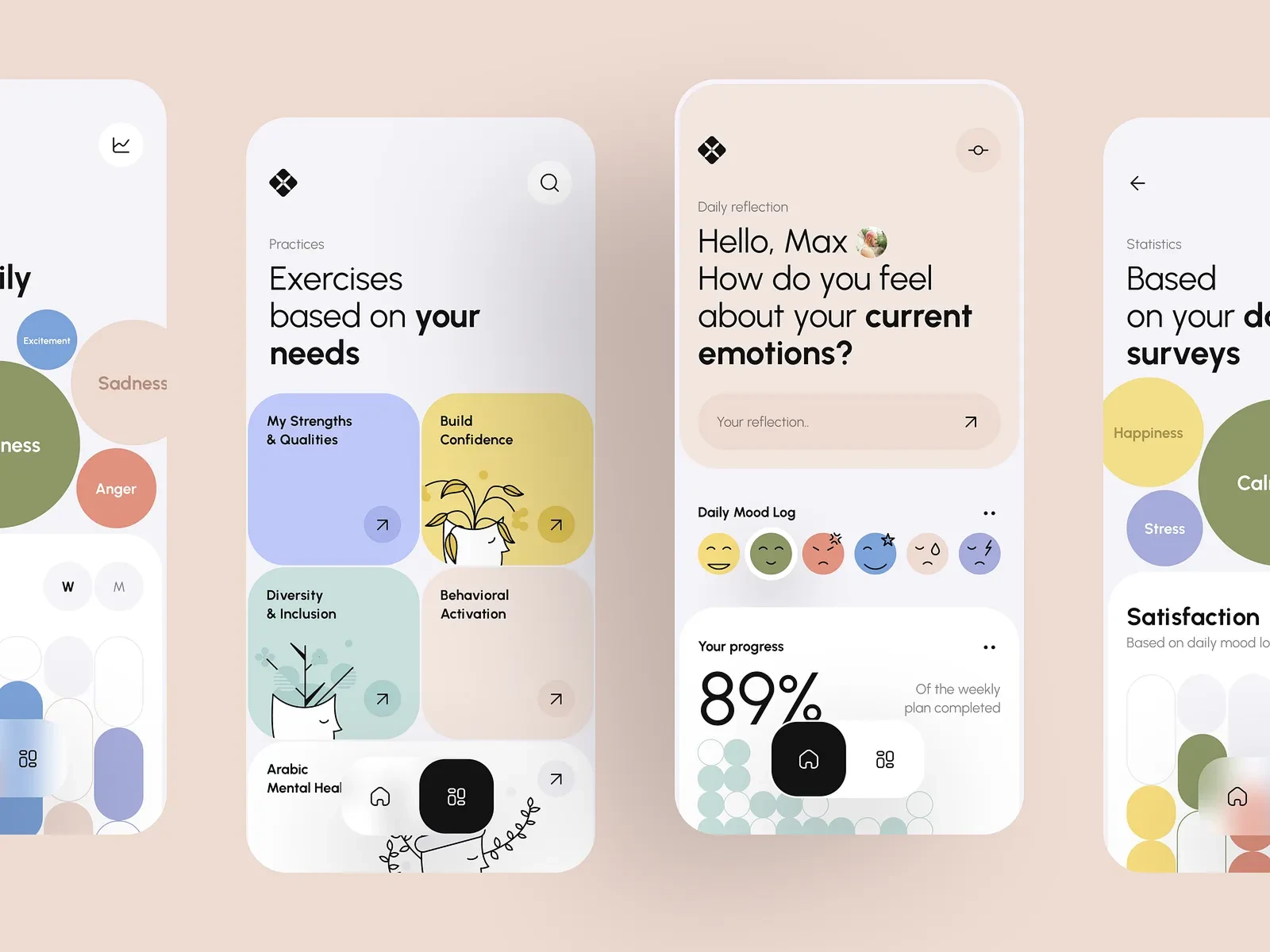 Mental health mobile app interface and wellbeing tools.